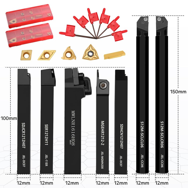 Joogto Indexable Lathe Turning Tool 21Pcs Kit 1/2'' 12mm Shank 7Pcs Carbide Turning Tool Holders with 14Pcs Tin Coated Turning Inserts Metal Lathe Tool Holder Set for Turning Grooving Threading Boring - Image 2